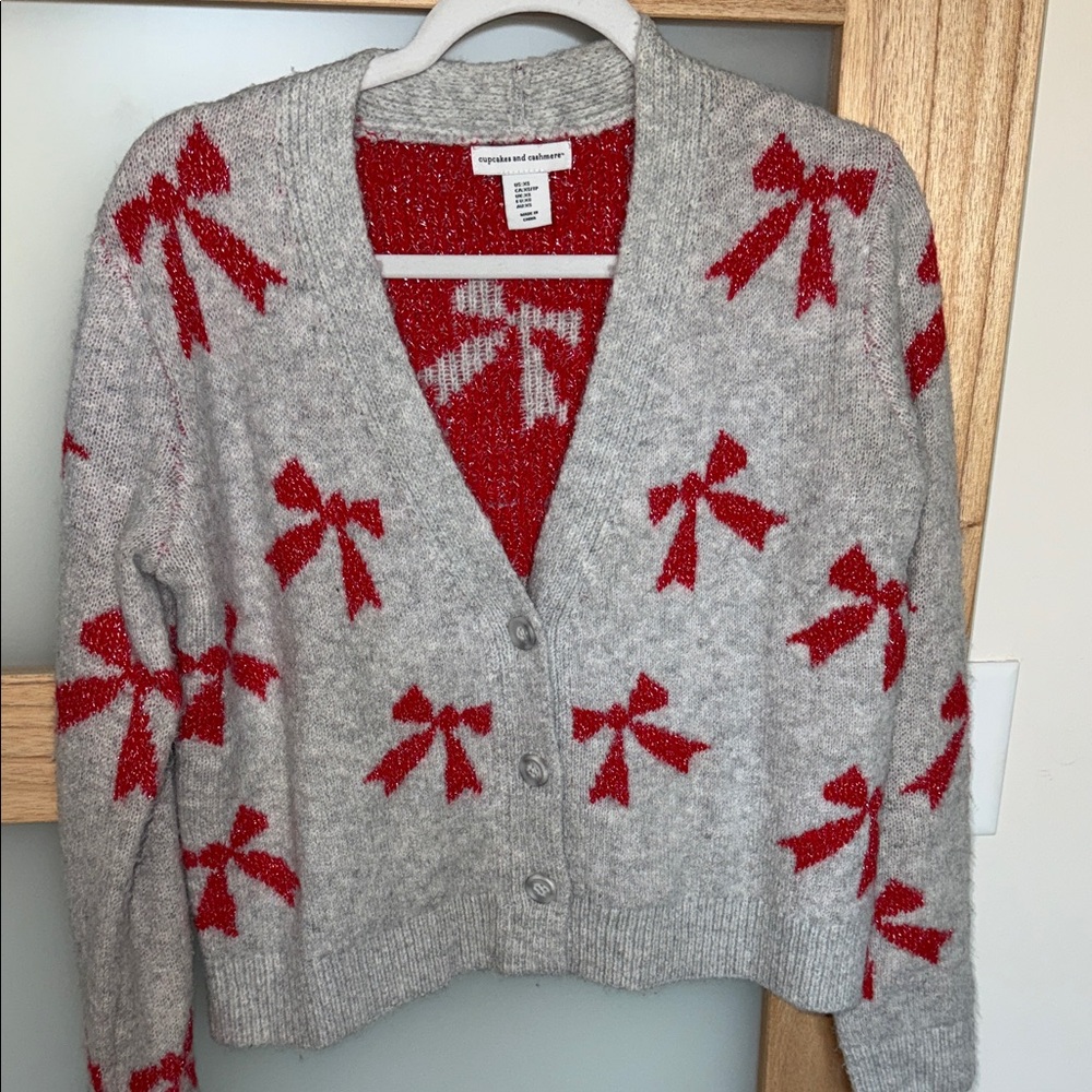 cupcakes & cashmere Gray Cardigan with Red Bow Accents